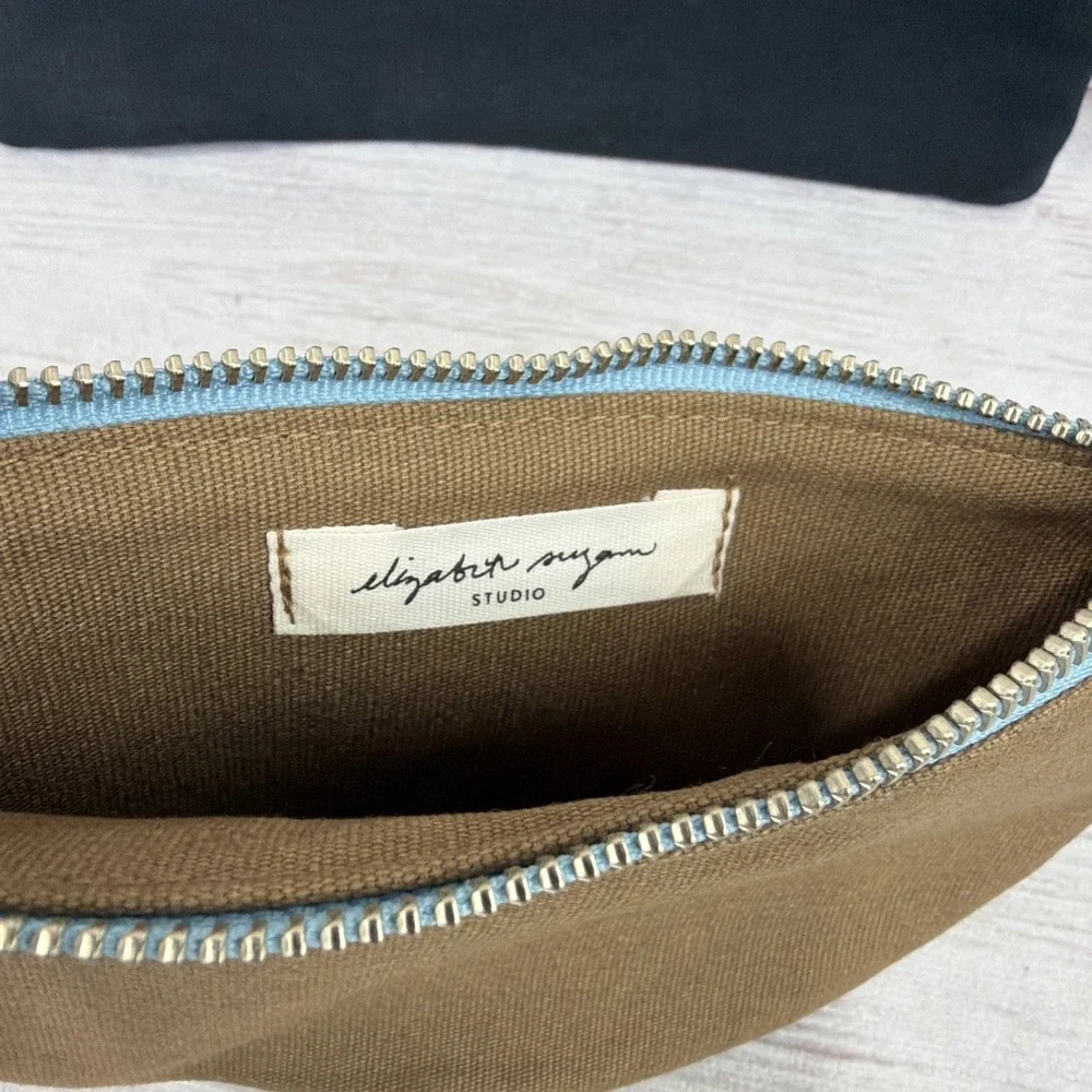 New Elizabeth Suzann Zip Pouch 2-Piece Set Cotton Canvas Black Brown w/Accents